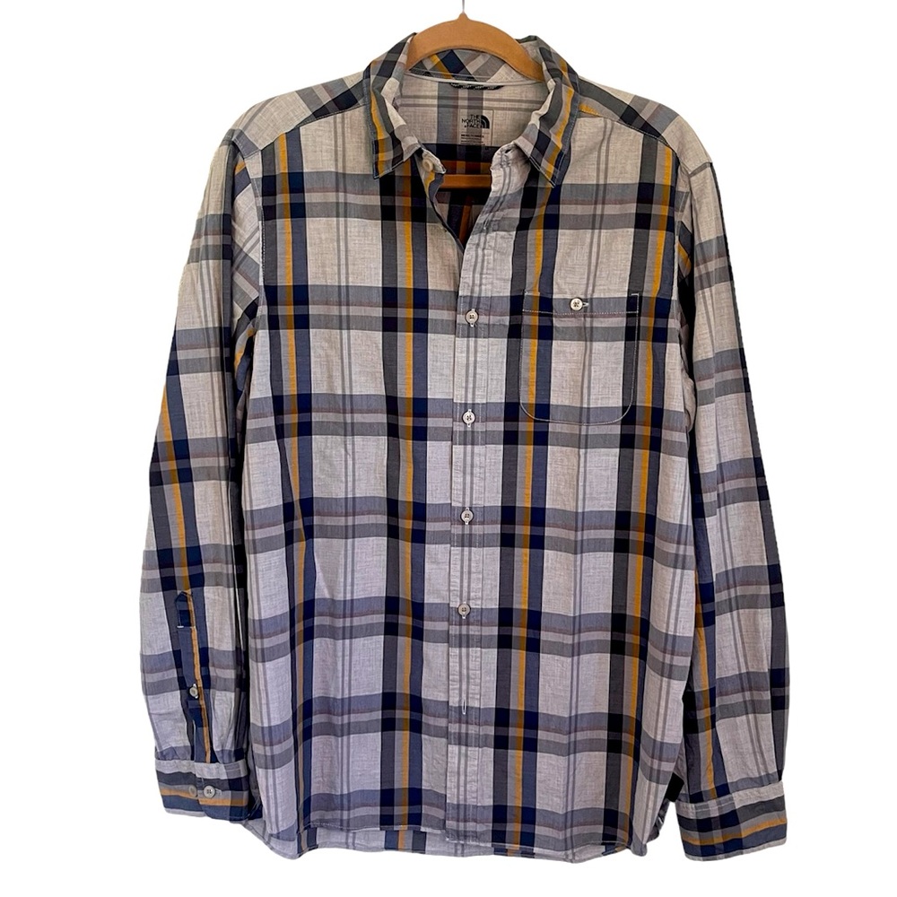 The North Face Men’s Long Sleeve Button Up Yellow, Blue & Gray Plaid Shirt SZ M